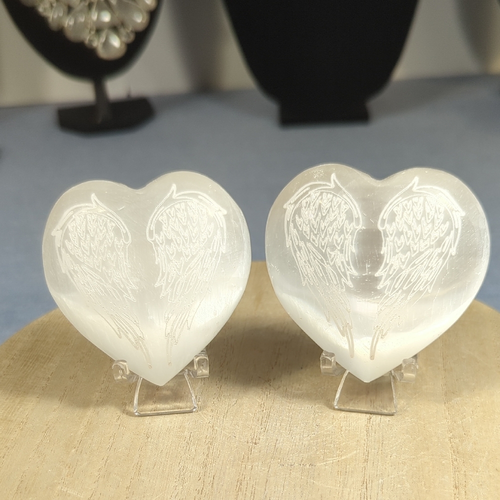 Selenite Puffy Heart With Etched Wings - Price Is For One, 2 Are Available - Picture 1 of 5